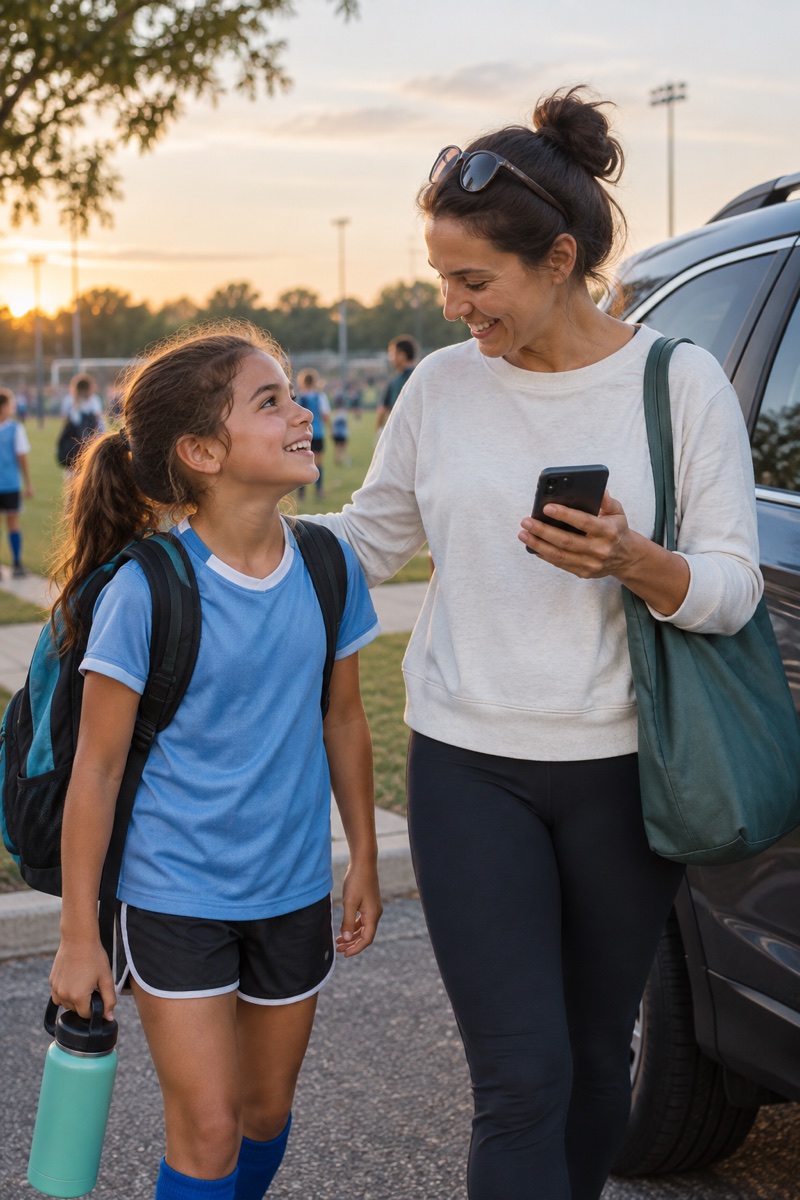 A parent greeting a child after practice while holding a phone.