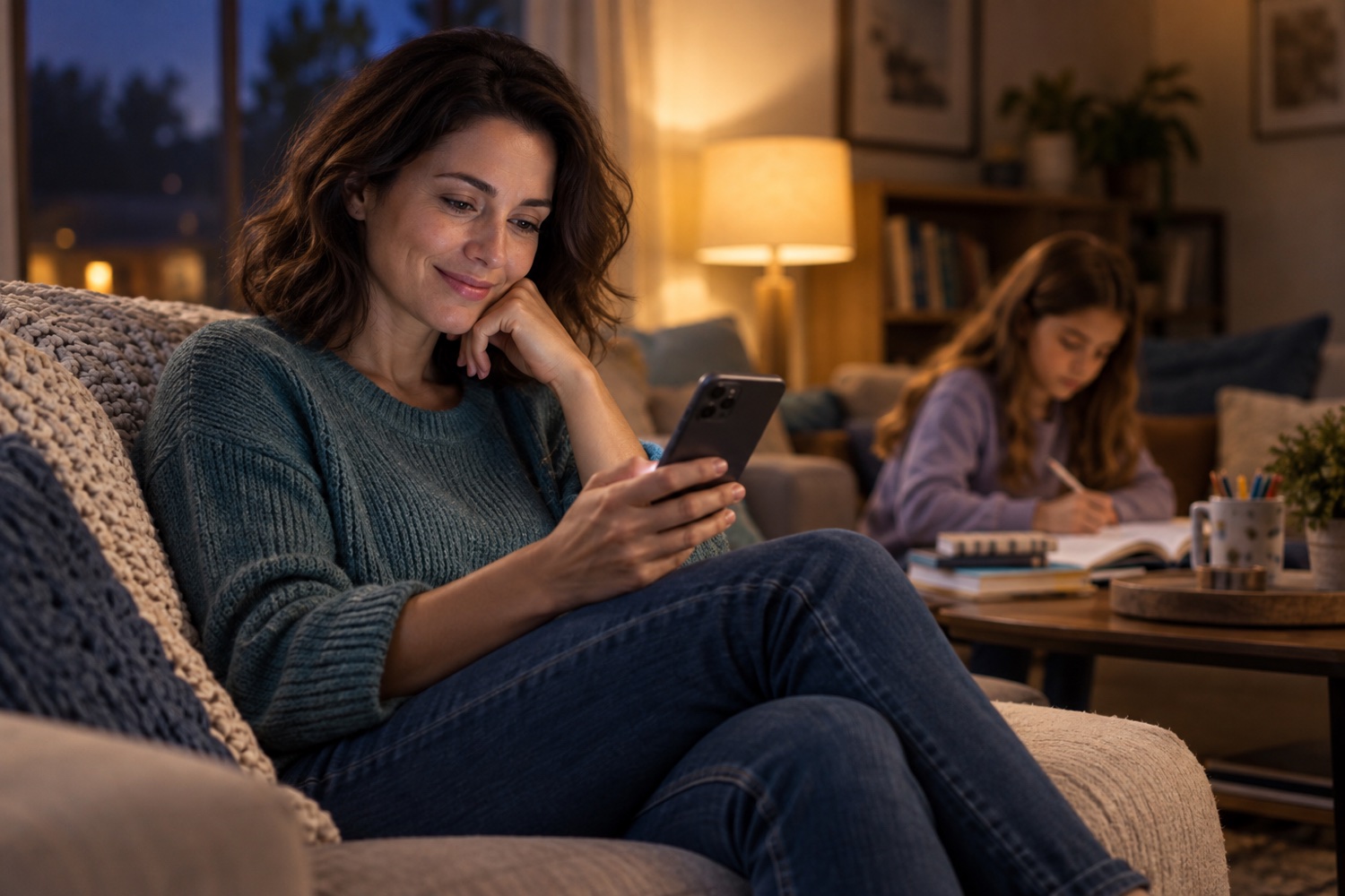 A parent reviewing a phone while a child does homework nearby.