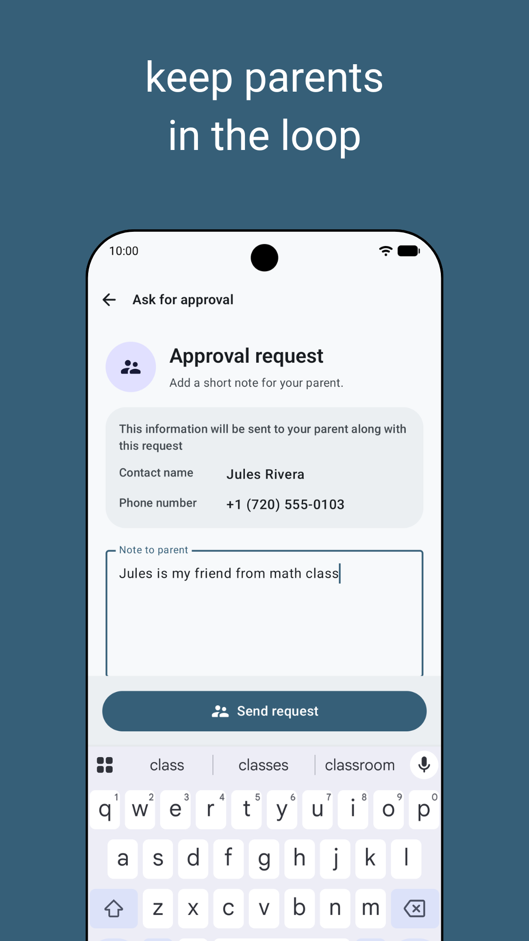 Parent contact approval request from a child.