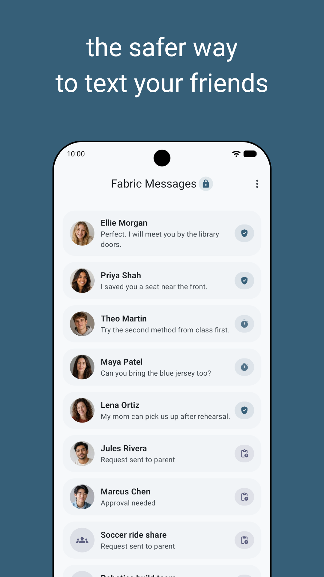 Fabric Messages home screen with trusted, limited, and pending conversations.