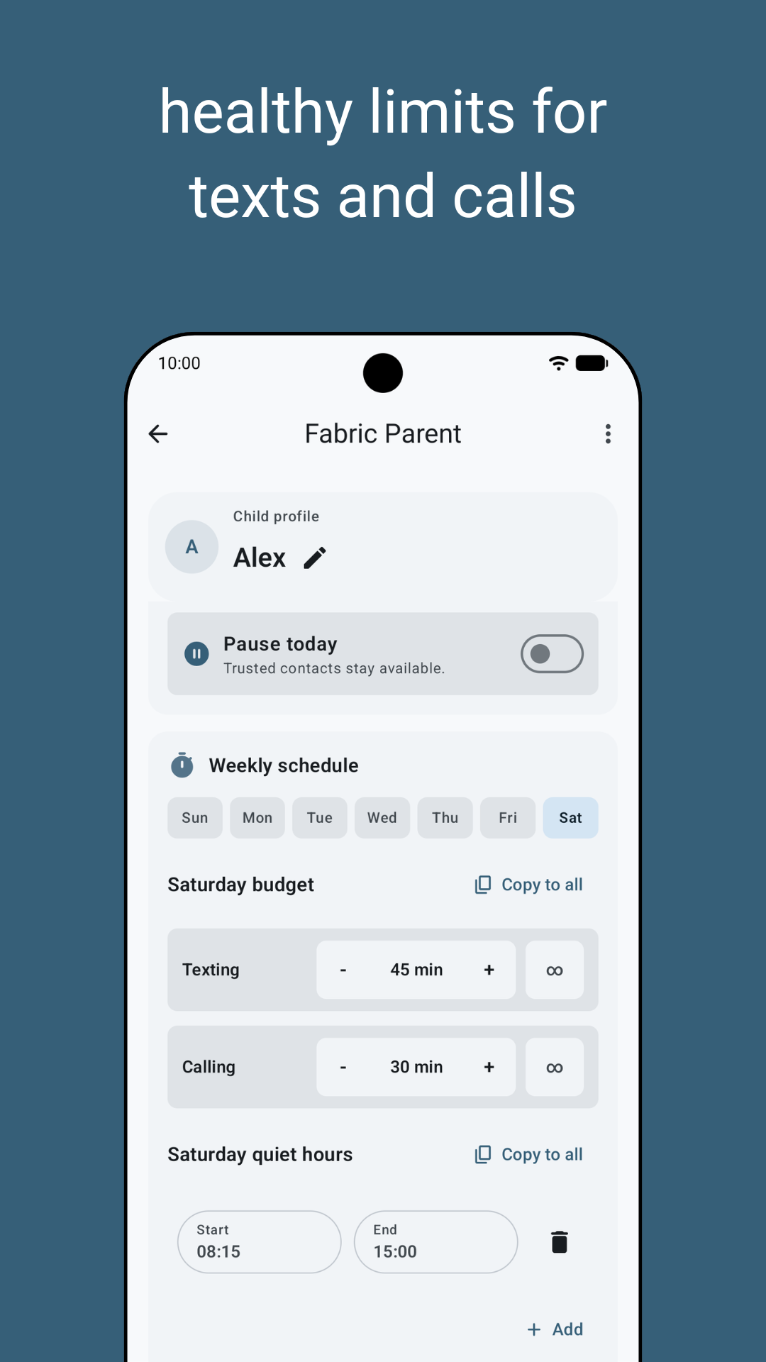 Fabric Parent budget screen with texting, calling, bonus time, and weekly quiet hours.