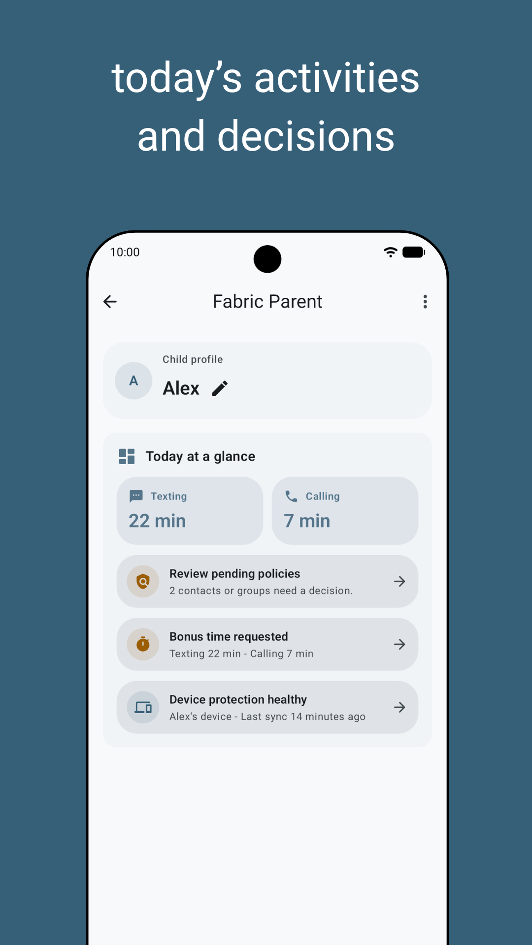 Parent view showing a child's texting and calling budgets, pending requests, and app health.
