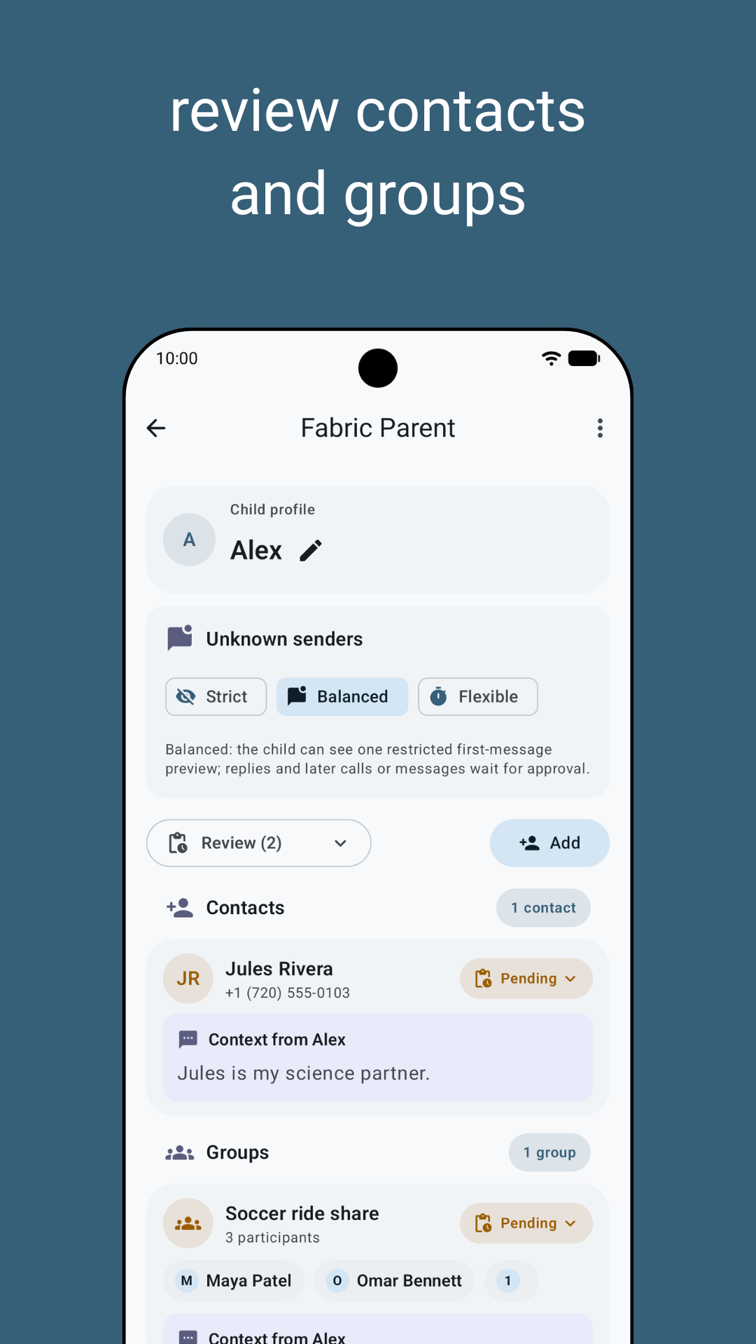 Parent policy view with trusted, limited, blocked, and pending contacts.